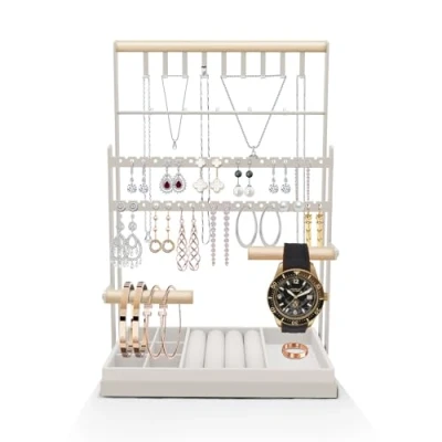 Imagen de TFSZE Soporte Para Joyas,Organizador De Joyas,Soporte Joyas Con Bandeja Y Pendientes,Organizador Exhibición Pendientes, Collares, Brazaletes Anillos(Blanco)