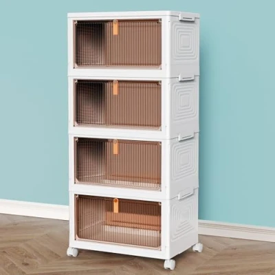 Imagen de contenedores de almacenamiento apilables 4 niveles con tapas, plástico 23 cuartos puertas y ruedas magnéticas, plegables para
