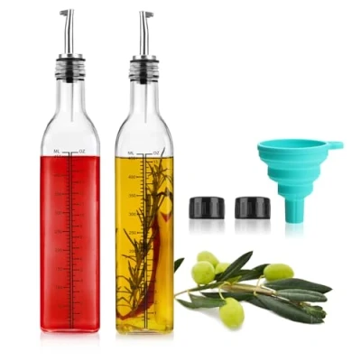 Imagen de COM FOUR® Juego de botellas vidrio 7 piezas con escala y embudo para mezclar aceites, vinagre, licores, bebidas espirituosas botella dosificadora accesorio (juego piezas)