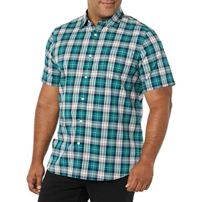Imagen de Amazon Essentials Camisa de Popelín Manga Corta y Ajuste Entallado Hombre, Cian Oscuro Blanco Cuadros Escoceses, L