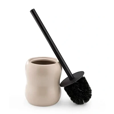 Imagen de Navaris Portaescobilla de cerámica y Acero Inoxidable Inodoro Soporte con escobilla baño Vaso Escobillero WC Beige