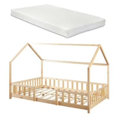 Imagen de [en.casa][Neu.Haus Cama para niños de Madera Pino Sisimiut con Colchón Espuma fría 120 x 200 cm Infantil Reja Protectora Forma casa Casita Oeko Tex 100 Natural