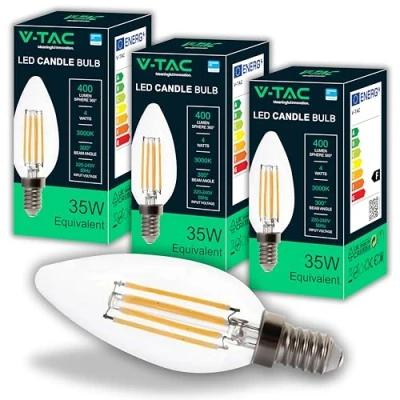 Imagen de V TAC 3x Bombillas LED Vela Filamento E14 4W (Equivalente a 35W) 400 Lumen Bombilla Máxima Eficiencia y Ahorro Energético Luz Blanco Cálido 3000K