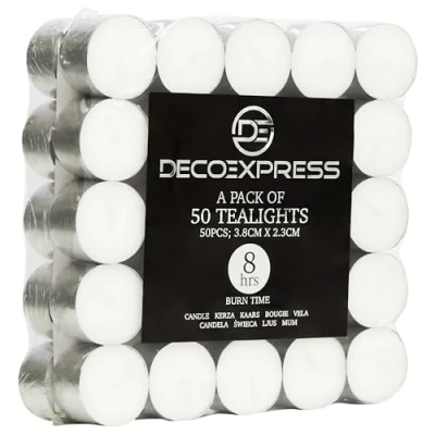 Imagen de Velas de Te sin Perfume, Pack 24, 50, 100, 200 Unidades, Larga Duracion 10, 8 o 4 horas, Velitas Pequeñas Diámetro 3,5 cm (Blanco 50/8 horas)