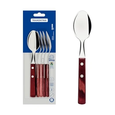 Imagen de Tramontina 6 piezas Set de cucharas té acero inoxidable con marrón, Mango madera, fabricado en Brasil