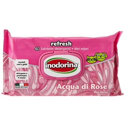 Imagen de Inodorina Toallitas Desinfectantes para Perros y Gatos Refresh Agua de Rosas (40 Unidades). Húmedas Higiene Mascotas, Tejido Resistente Sin Alcohol. No Testado en Animales