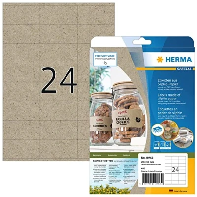 Imagen de HERMA 10753 etiquetas de dirección papel hierba, 20 hojas, 70 x 36 mm, 24 hojas por A4, 480 unidades, autoadhesivas, imprimibles, mate, en blanco, silphie, para direcciones,