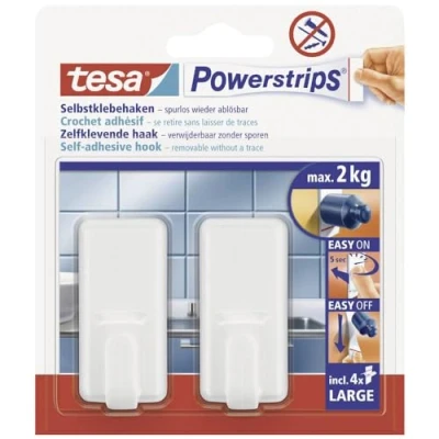 Imagen de tesa Powerstrips Ganchos Grandes Clásicos Gancho Adhesivo Removible para Cristal, Azulejos, Madera, Plástico y Otras Superficies Blanco Soporta hasta 2 kg