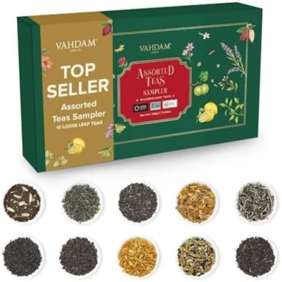 Imagen de VAHDAM, Surtido de Té Hoja Suelta (10 Tés, 50 Raciones) Pack Variado Te Negro, Verde, Oolong, Chai, Blanco Infusiones Juego Regalos para Mujeres y Hombres