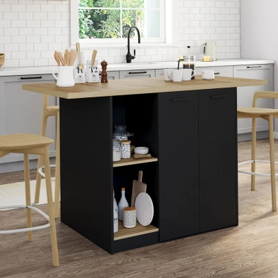 Imagen de Isla central BAO 140 cm para 4 personas en madera negra con encimera efecto haya