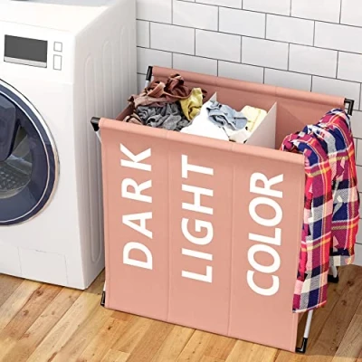 Imagen de BAKAJI Cesto para la ropa sucia colada, 3 compartimentos, estructura de metal plegable y bolsa tela, decoración recta, contenedor ahorro espacio con tapa, 64 x 38 62 cm (Taupe)