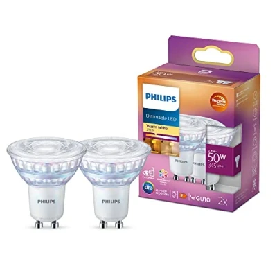 Imagen de Philips Bombilla LED cristal 50W GU10 reproducción cromática 90 luz blanca cálida 36º apertura , regulable pack 2