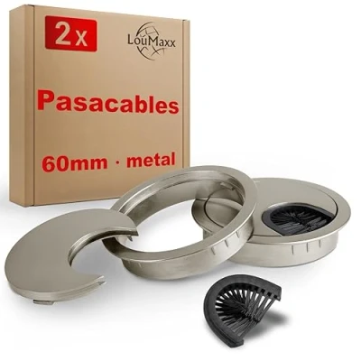 Imagen de LouMaxx pasacables para escritorio de 60 mm diámetro, 2 unidades metal níquel mate con junta antipolvo, ordenar y ver el lugar trabajo