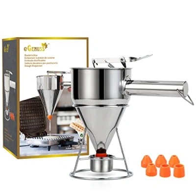 Imagen de eGenuss 1 Embudo dispensador de masa en acero inoxidable con asa desmontable + 7 boquillas silicona pedestal colector bolsa porcionador medida graduada 1200ml