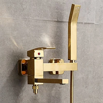 Imagen de GX Grifo Bañera con Alcachofa De Mano Mezclador Latón Monomando Montaje En Pared, Incluye Soporte Y Manguera 150 Cm, Ducha, Dorado