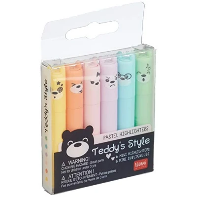 Imagen de Legami Teddy&#039;s Style Juego de 6 mini subrayadores, 1 x 7,5 cm, amarillo, melocotón, rosa, lila, azul claro, verde para subrayar y resaltar con precisión