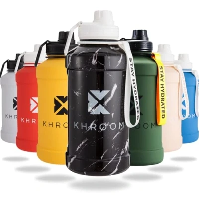 Imagen de Khroom Botella deportiva de acero inoxidable 1,3L o 2,2L para bebidas con gas, irrompible, a prueba fugas, ideal deportes, gimnasio, fitness y actividades al aire libre 2 litros Mármol