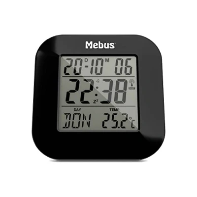 Imagen de Mebus digitaler Funkwecker mit Thermometer, Datumsanzeige und Beleuchtung, Snooze Funtion, Material: Kunststoff, Farbe: Schwarz, Modell: 51510