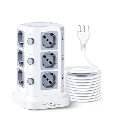 Imagen de KOOSLA Multienchufe con protección contra sobretensiones (4000 W/16 A), Caja de torreta 3 interruptores Independientes, Cable 5 m, Color Blanco