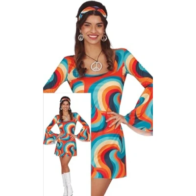 Imagen de FIESTAS GUIRCA Disfraz Hippie Psicodélico Mujer Vestido Corto Años 70 con Diadema Disfraces Disco 60 para Talla L