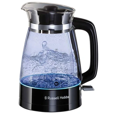 Imagen de Russell Hobbs Hervidor de Agua Eléctrico Glass Classic 1,7 litros, 2400 W, Diseño en Cristal Inspirado lo Artesanal, Iluminación Azul, Detalles Acero Inoxidable, Negro 26080 70