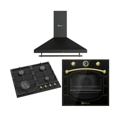 Imagen de SOLTHERMIC CONJUNTO ENCIMERA GAS 4 FUEGOS + HORNO ELECTRICO 64 L. CAMPANA EXTRACTORA/ESTILO RUSTICO NEGRO CON MANDOS DORADOS/ANCHO 60 CMS