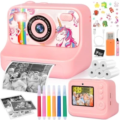 Imagen de ZZXLOPEZ Camara Fotos Infantil Instantanea, 1080P 2,4&quot; HD con 32GB Tarjeta, Papel de Impresión y Bolígrafos Colores, Infantil, Regalo para Niños 3 a 12 Años