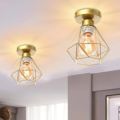 Imagen de iDEGU 2 Piezas Lámparas de Techo Vintage Diseño Retro Industrial Luz Colgante Jaula Metal LED Plafón E27 Iluminación Interior para Salón Pasillo Café (16cm Mini Diamond, Dorado)