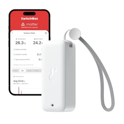 Imagen de SwitchBot IP65 Termómetro Higrómetro de Exterior, 120m Bluetooth Alcance, Termohigrómetro Interior, Punto rocío/VPD/Sensor Humedad Absoluto, Exportación gratuita datos, 2 años Batería