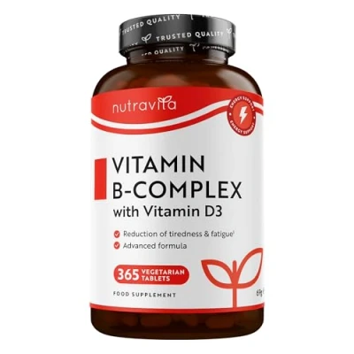 Imagen de Vitamina B Complex con D 365 Comprimidos Vegetarianos Vitaminas B1, B2, B3, B5, B6, B12, Biotina y Ácido Fólico Fabricado por Nutravita