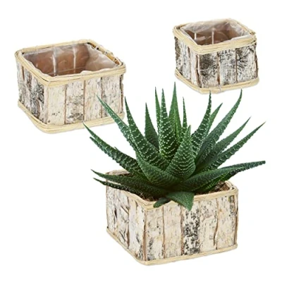 Imagen de Relaxdays Macetas, 3 Tamaños Diferentes, Rectangulares, Abedul, Maceteros con Forro, Interior y Exterior, Blanco/Natural, Madera, 14 x 22,5 cm