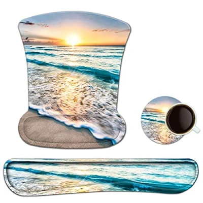 Imagen de Juego de reposamuñecas para teclado, alfombrilla raton ergonómica gel con posavasos, base antideslizante computadora, oficina en casa, fácil escritura y alivio del dolor