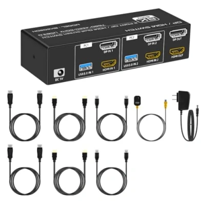 Imagen de Lrporyvn Conmutador KVM Compatible con para DP/ 8K 60 Hz USB 3.0 2 Monitores Computadoras Mouse Teclado Monitor Enchufe Europeo