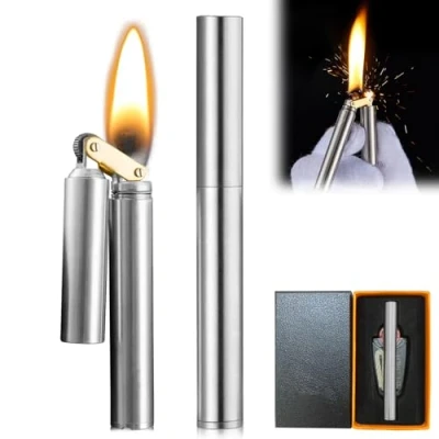 Imagen de Nizirioo Mechero vintage para zanja con ruedas, de acero inoxidable, resistente al viento, mini encendedor portátil plegable caja regalo hombres, padre