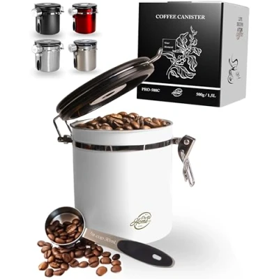 Imagen de Pro@Home43® Bote cafe hermetico 500 g blanco recipiente de 1,5 L acero inoxidable con función calendario, incluye cuchara dosificadora, caja regalo