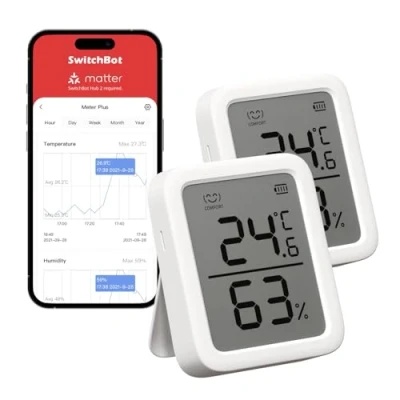 Imagen de SwitchBot Termómetro e higrómetro de interior, juego 2, sensor temperatura y humedad interior con alerta inteligente 68 días almacenamiento datos, Bluetooth