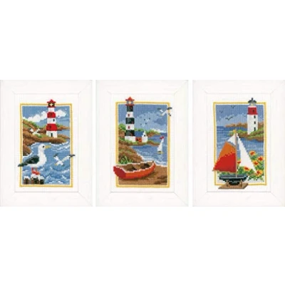 Imagen de Vervaco Miniaturen Leuchttürme, 3er Set, Zählmuster Patrón de Punto Cruz, Algodón, Blanc, 8.0 x 12.0 0,3 cm, 3