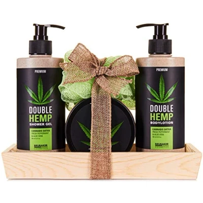 Imagen de BRUBAKER Cosmetics Productos de Cuidado Aceite Cáñamo Menta fresca y Aloe Vera con Bandeja Madera Conjunto Regalo 5 piezas