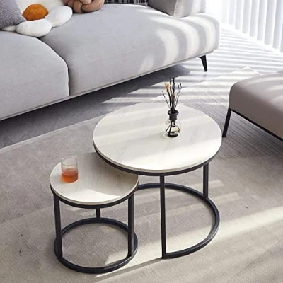 Imagen de HJhomeheart Juego de 2 Mesas Nido Redondas, Centro, Grande: 60 x 45 cm, Pequeña: 40 35 Blanco Claro