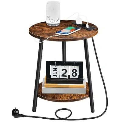 Imagen de HOOBRO Mesa de Centro con Estación Carga, Auxiliar Redonda 2 Niveles, Lateral Sofá, para Salón, Dormitorio, Espacios Pequeños, Pies Ajustables, Marrón Rústico y Negro EBF67CBZ01