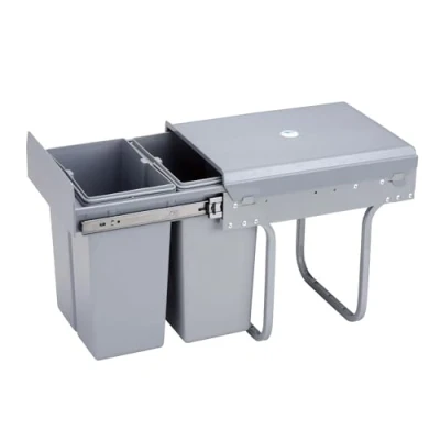 Imagen de Contenedor de reciclaje para mueble cocina, cubos basura bajo fregadero 2x 8L, fijación inferior y extracción manual, extraíbles, con tapa