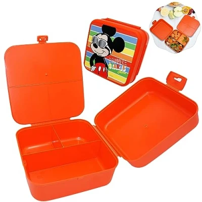 Imagen de lonchera incluida con 3 compartimentos, el mejor contenedor de alimentos para bebés y niños pequeños, viaje, sin BPA, a prueba fugas, secciones divididas, estampado Mickey Mouse,