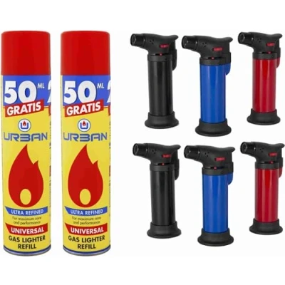 Imagen de DISPAU 6 Mini Sopletes para Cocina Flambeador de Gas con Llama Ajustable Perfecto Caramelizar, Crema Catalana y Barbacoas ¡Con 2 Botella Rellenables 5 Adaptadore Gratis!