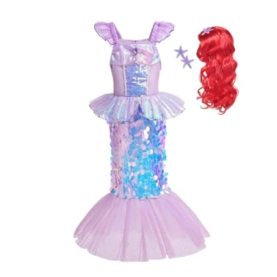 Imagen de Lito Angels Disfraz Vestido Sirenita Princesa Ariel Sirena con Peluca de Pelo para Niñas Talla 9 10 años, Morado (Número etiqueta 150)