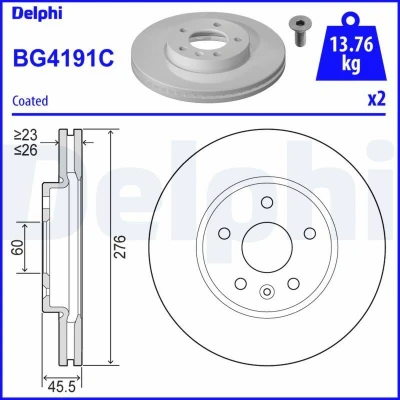Imagen de DELPHI BG4191C Disco de freno 276 26 5 ventilado revestido sin procesar cojinete rueda, anillo sensor ABS OPEL: Astra J Hatchback, GTC