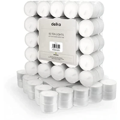 Imagen de delka velas de té 8 horas, paquete 50, largo tiempo combustión, sin perfume, color blanco