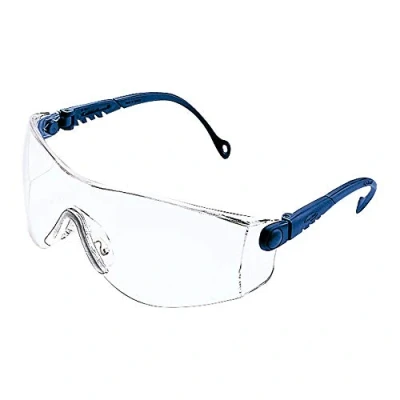 Imagen de Honeywell 1000018 Op Tema Gafas de seguridad con montura nailon azul, lente transparente antiarañazos, ligera, boquilla ajustable, longitud patilla ajustable y ángulo (1 pieza)