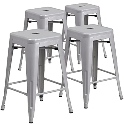 Imagen de Flash Furniture Juego de 4 taburetes altura encimera, grado comercial, 61 cm, sin respaldo, metal, para interiores y exteriores, asiento cuadrado, acero galvanizado, plástico, color plata