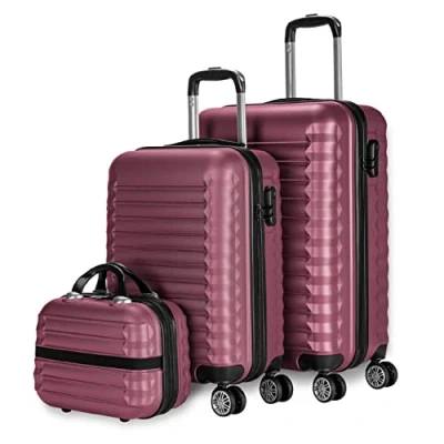 Imagen de NUMADA Juego de Maletas Rígidas 3pzs. Maleta Cabina 53cm, Mediana 63cm y Neceser. Set Viaje ABS Eco Friendly, 4 Ruedas Dobles, Resistentes, Ligeras Seguras (Burdeos)