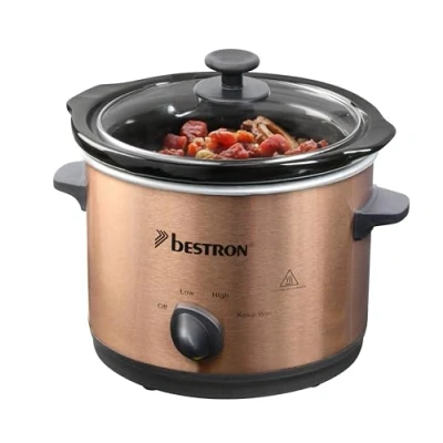 Imagen de Bestron Slowcooker para 2 personas, Olla de Cocción Lenta con cacerola cerámica y tapa vidrio, termostato 3 niveles, ideal muchos platos como carne sopas, 1.5 litros, Color: Cobre